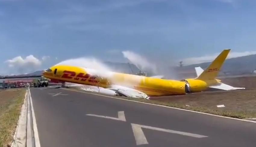 Avión de DHL termina partido tras aterrizaje de emergencia