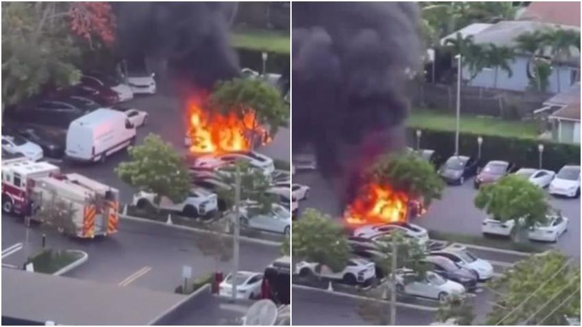 Autos se incendian en concesionario Tesla en Miami