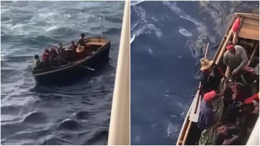 En cámara como grupo de balseros cubanos es rescatado por la tripulación de un crucero