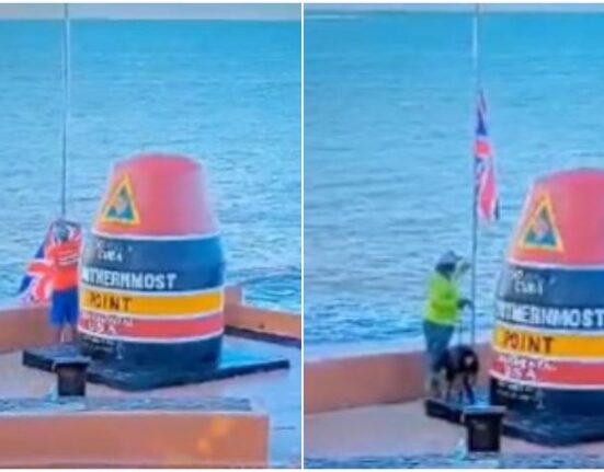 Cámara de seguridad capta cuando se roban bandera de Inglaterra rindiendo homenaje a la recientemente  fallecida, la Reina Isabel II en la icónica boya de las 90 millas en Cayo Hueso