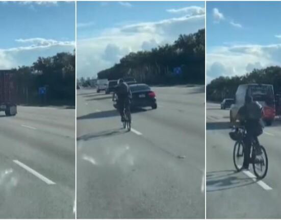 Hombre en bicicleta por el expressway en Miami provoca asombro